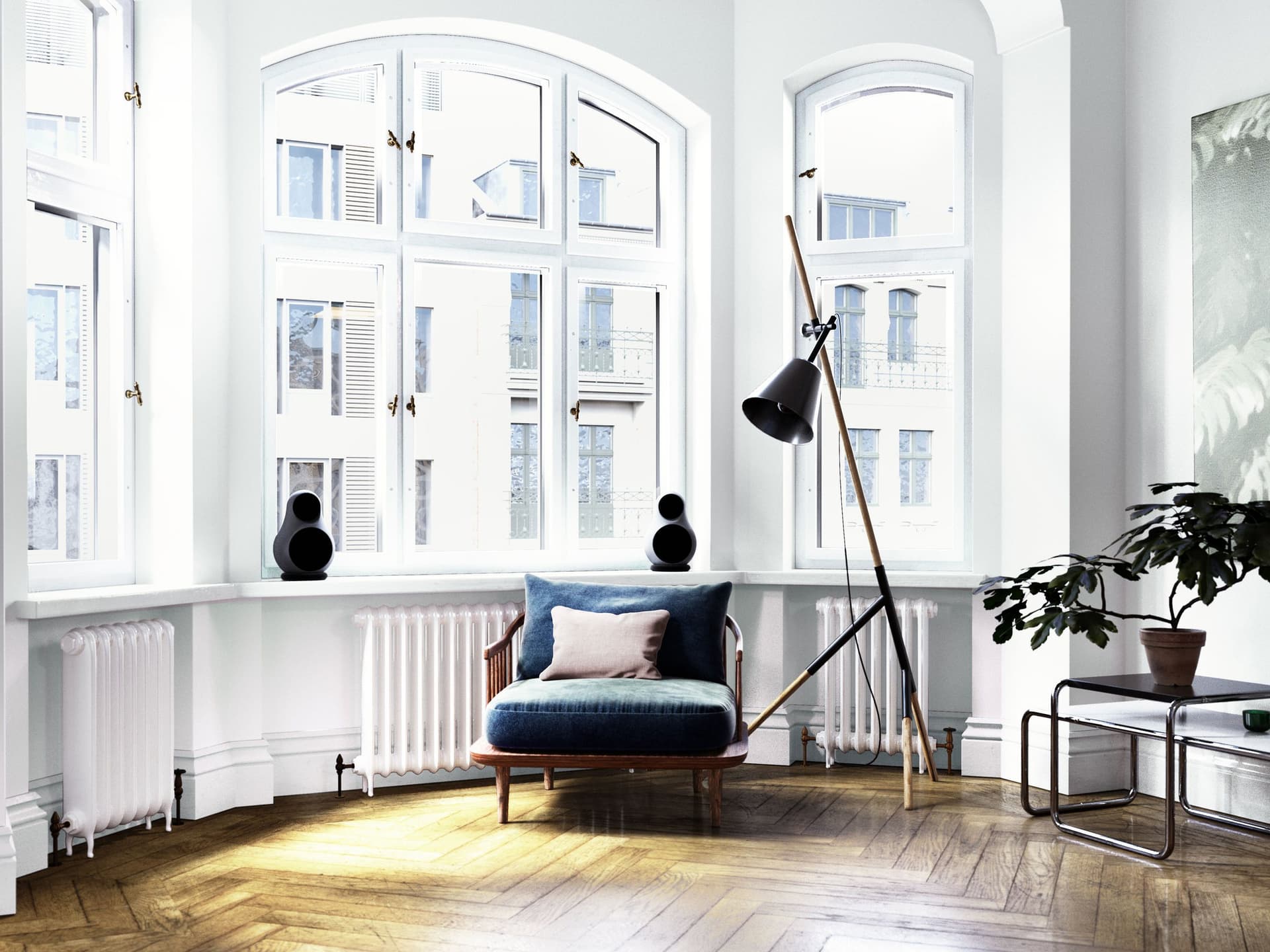 Jern 14 loudspeakers on stands in a bright apartment