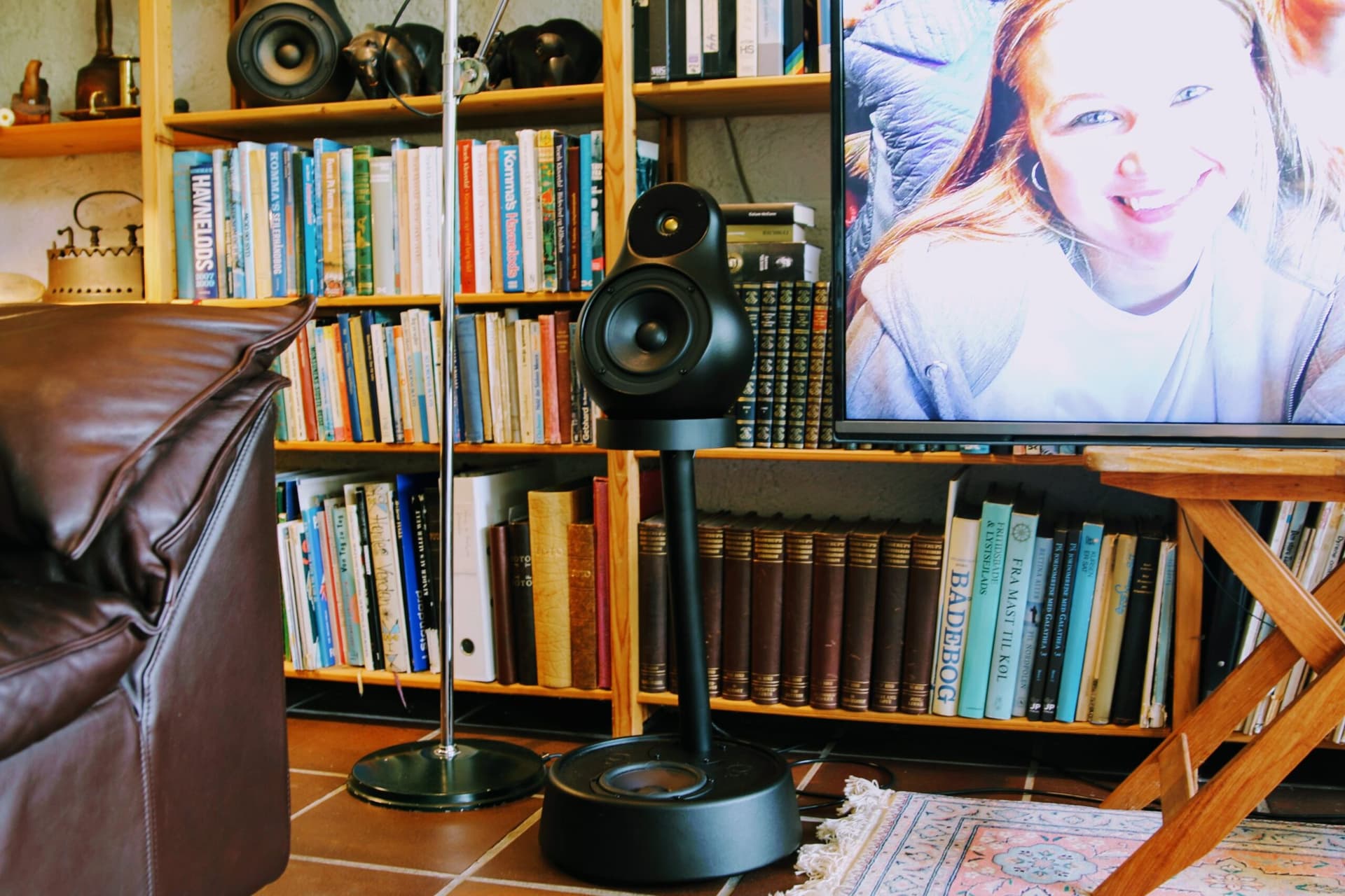Jern loudspeaker on a stand in a book-lined living room