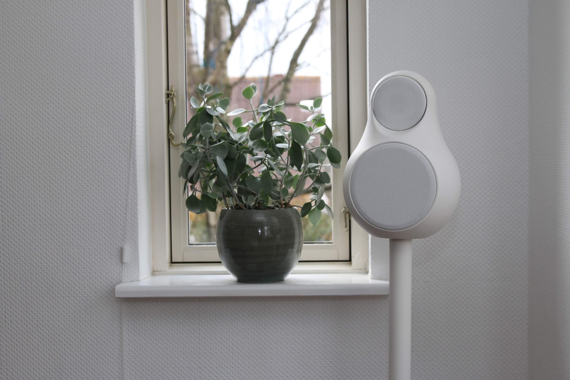 White Jern loudspeaker on a stand in front of a window