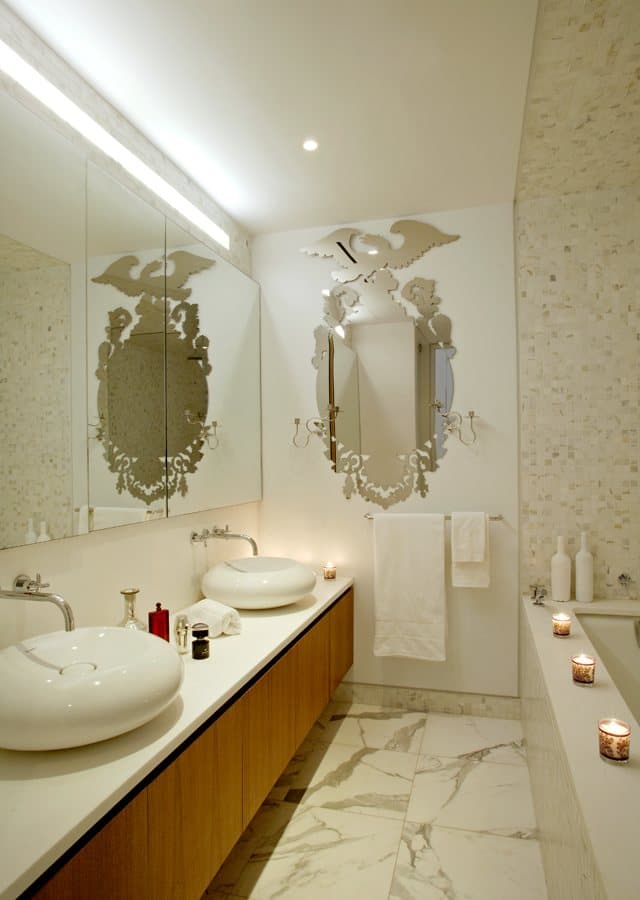 Marble bathroom with concealed audio at the Waterfall Mansion