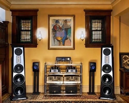 Listening room with floorstanding speakers either side of an electronics rack