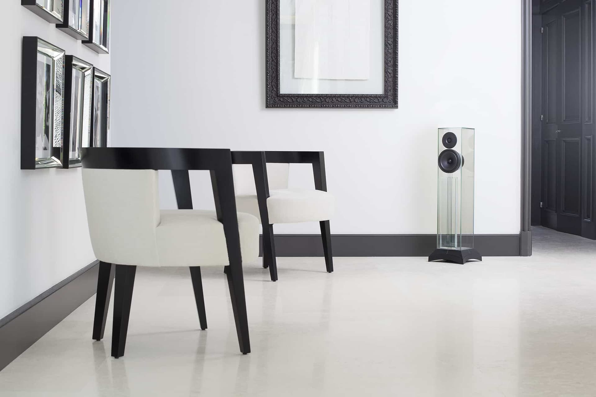 Waterfall Audio Iguascu glass floorstanders in a white dining room